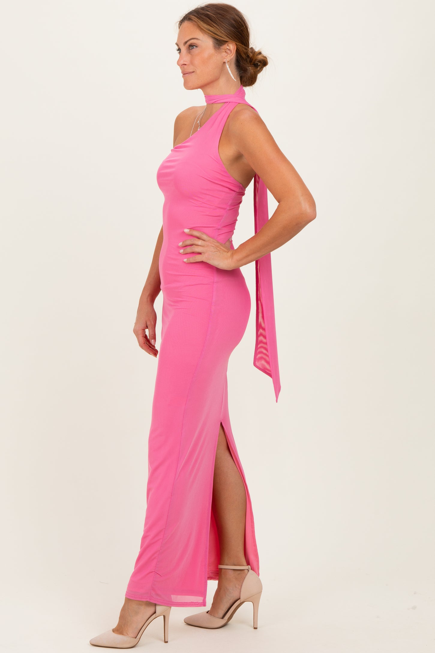 Pink Mesh Overlay Halter Maxi Dress