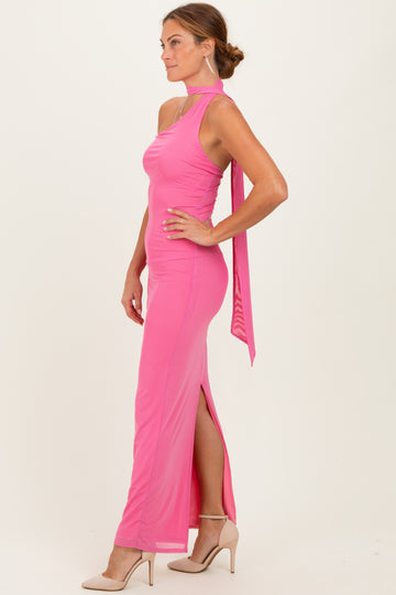 Pink Mesh Overlay Halter Maxi Dress