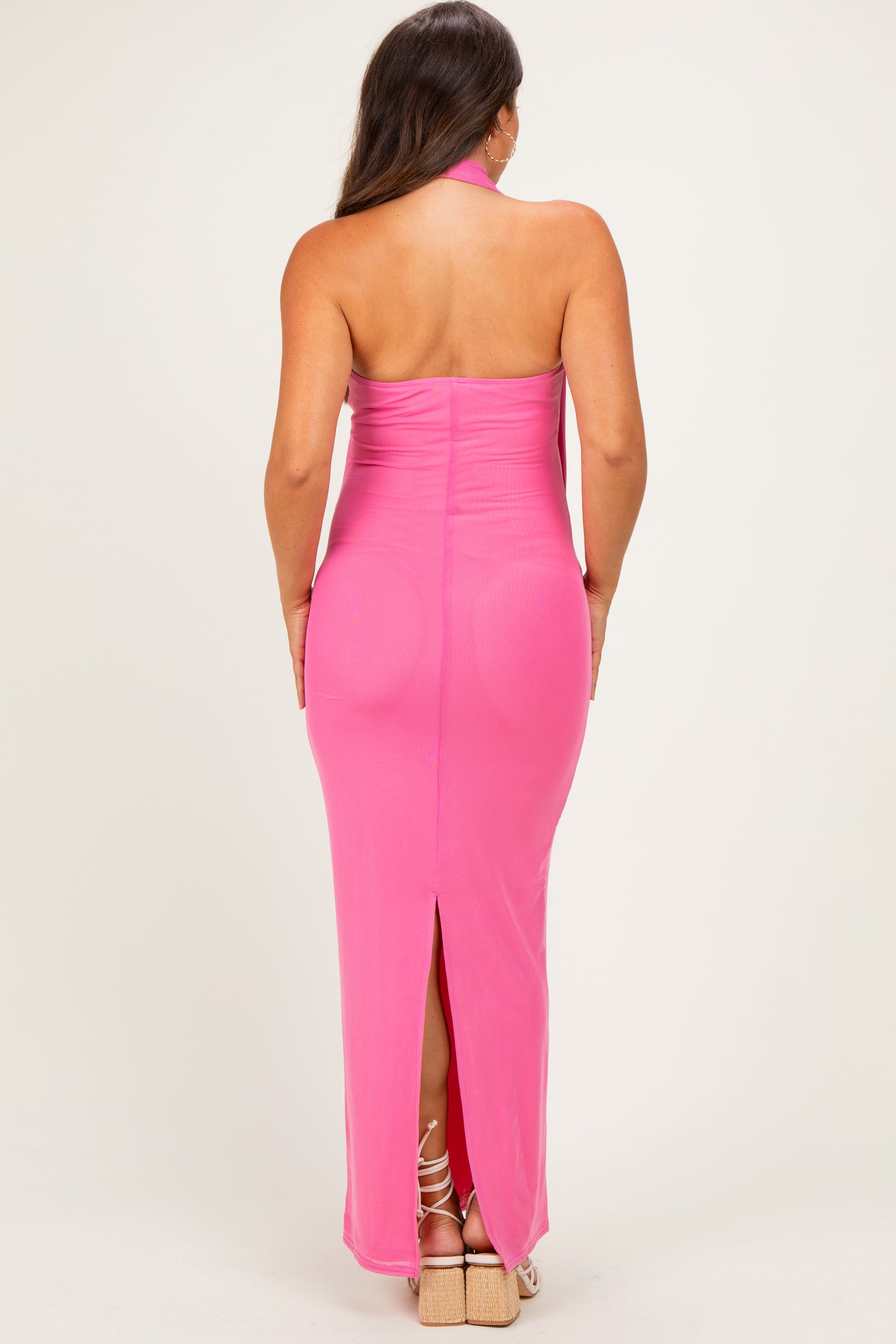 Pink Mesh Overlay Halter Maternity Maxi Dress