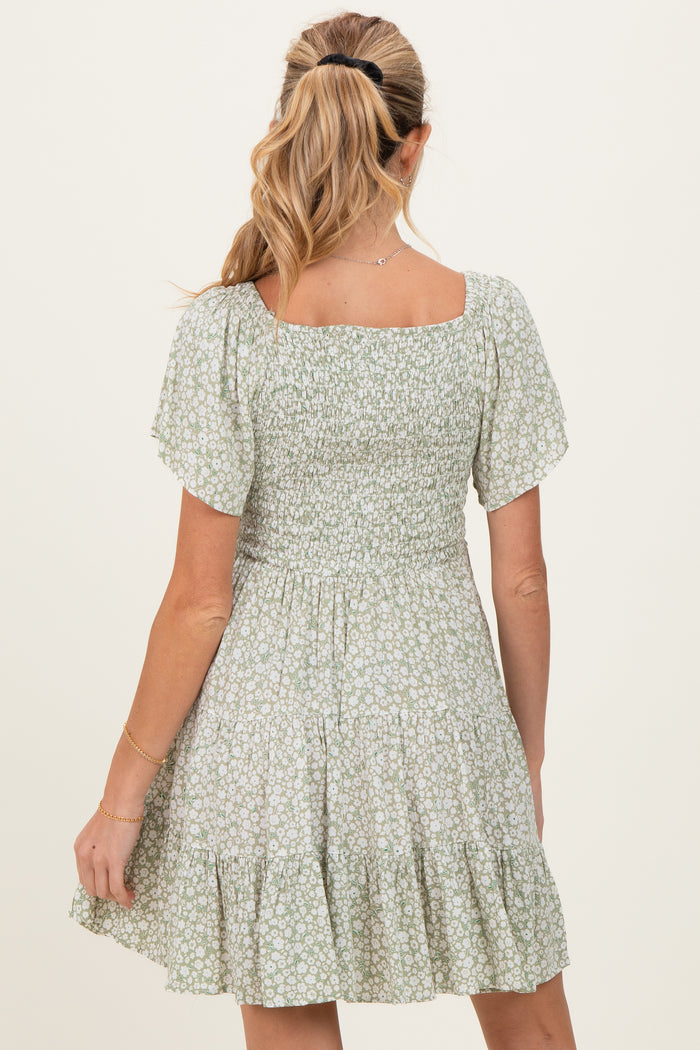 Sage V Neck Smocked Bodice Ditsy Print Maternity Dress