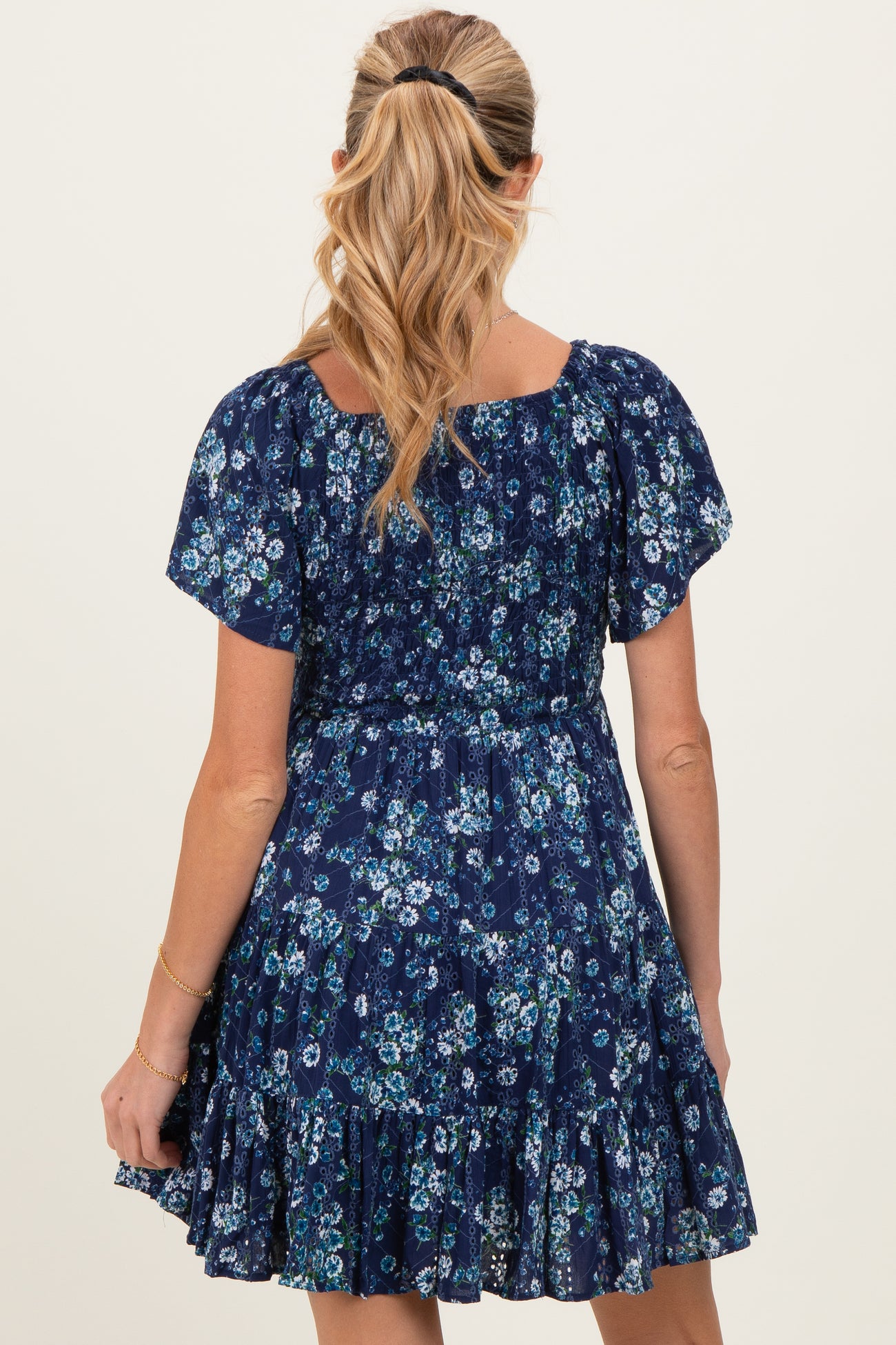 Blue Eyelet Embroidered Printed V Neck Maternity Dress