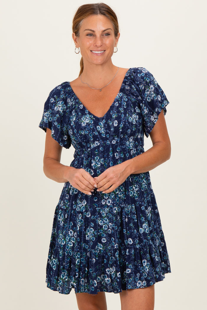 Blue Eyelet Embroidered Printed V Neck Dress