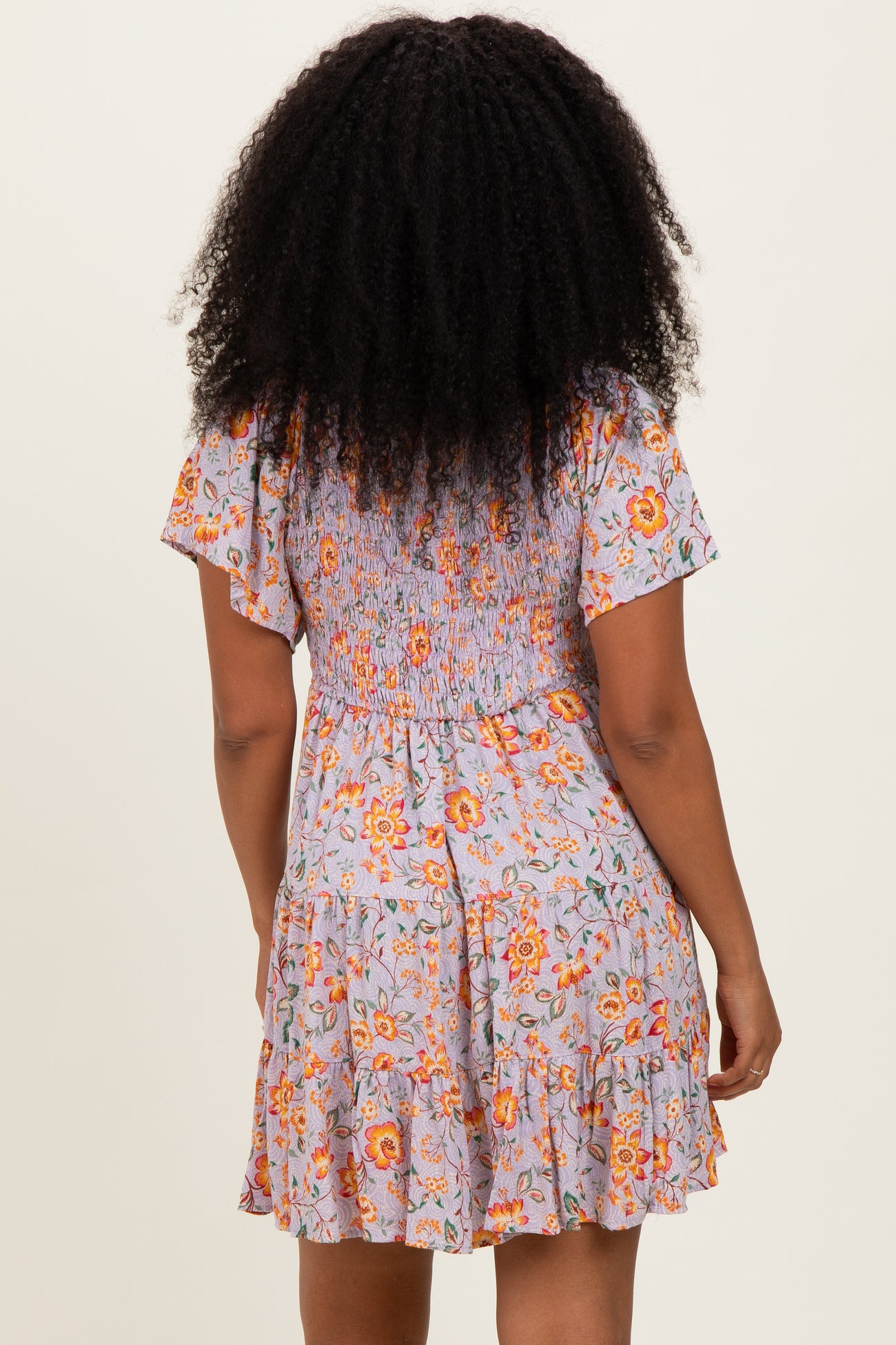 Lavender V Neck Smocked Bodice Floral Print Dress