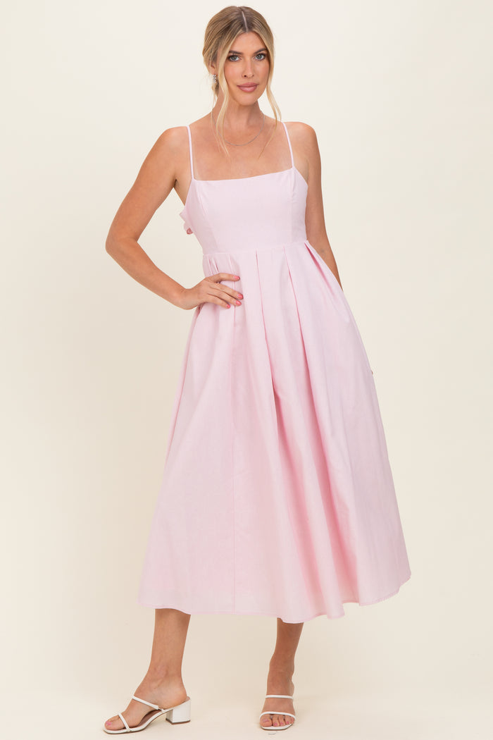Light Pink Linen Sleeveless Tie Back Flared Maternity Midi Dress
