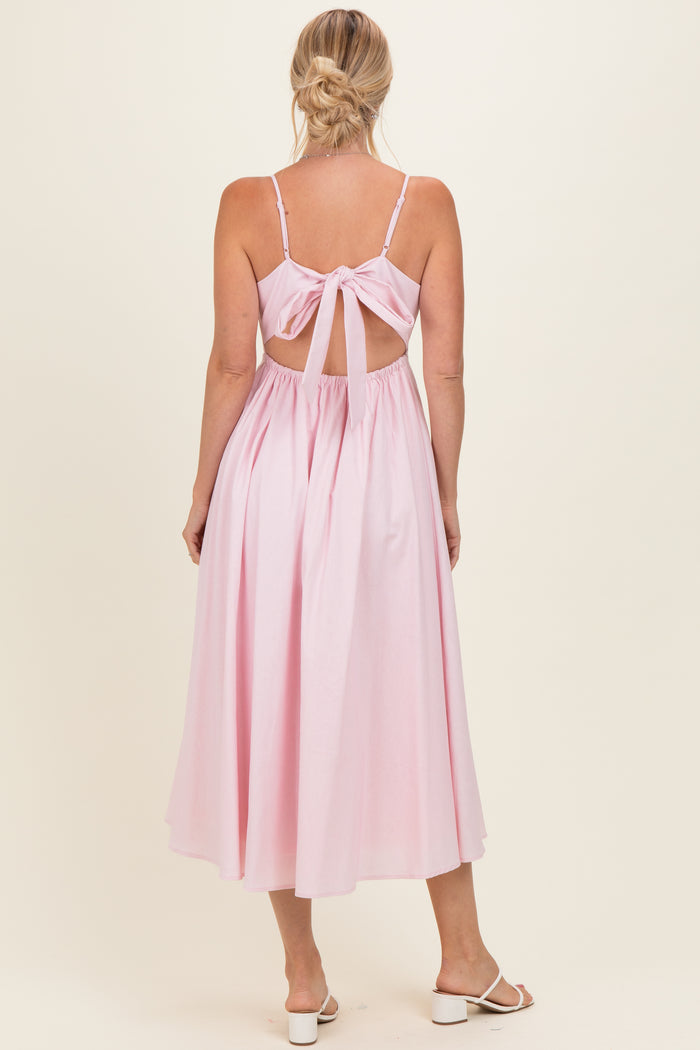 Light Pink Linen Sleeveless Tie Back Flared Midi Dress