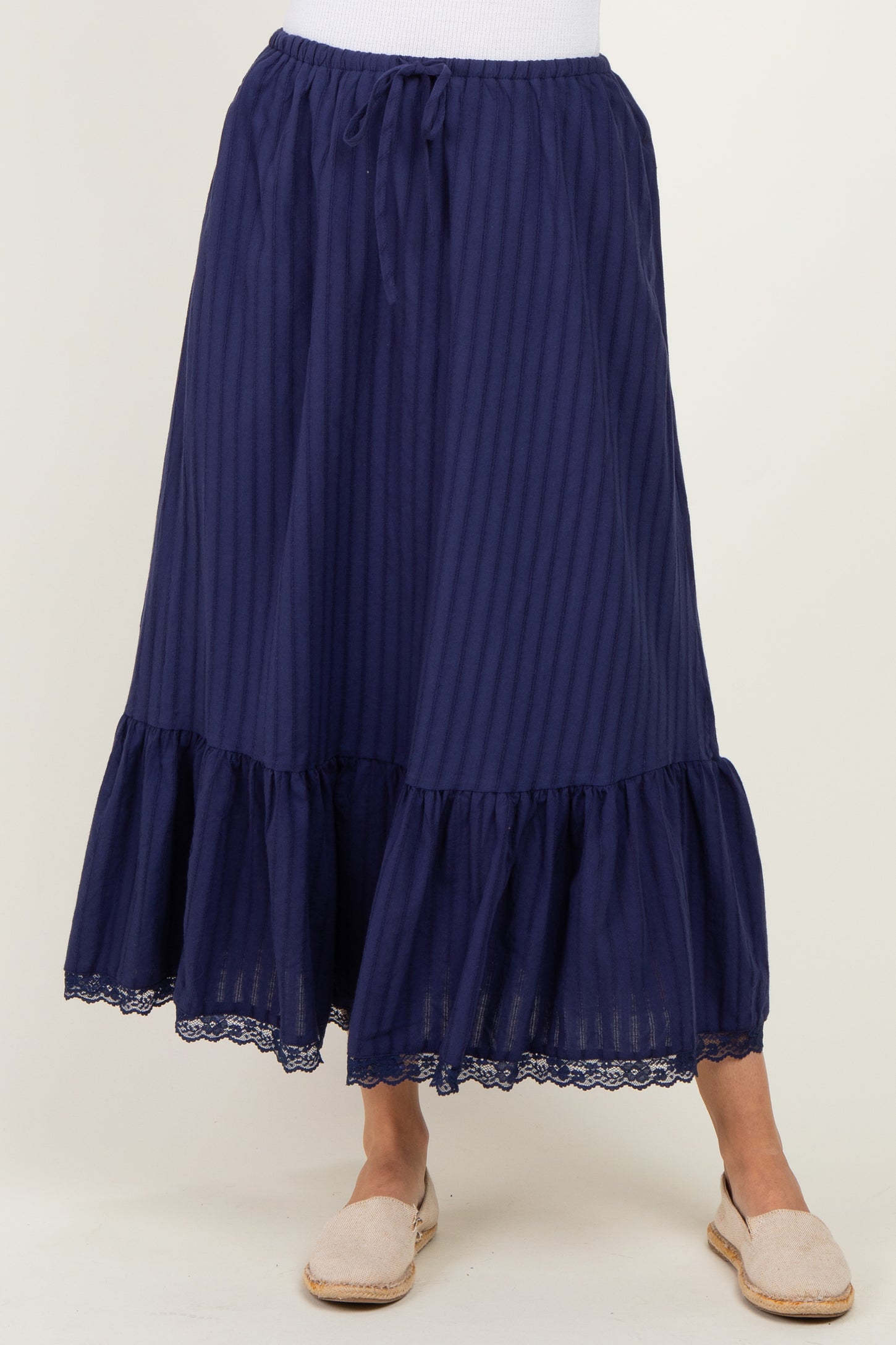 Navy Striped Lace Trim Midi Skirt