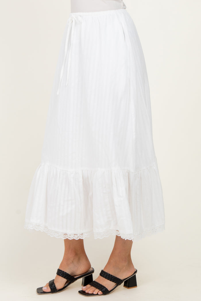 Ivory Striped Lace Trim Midi Skirt