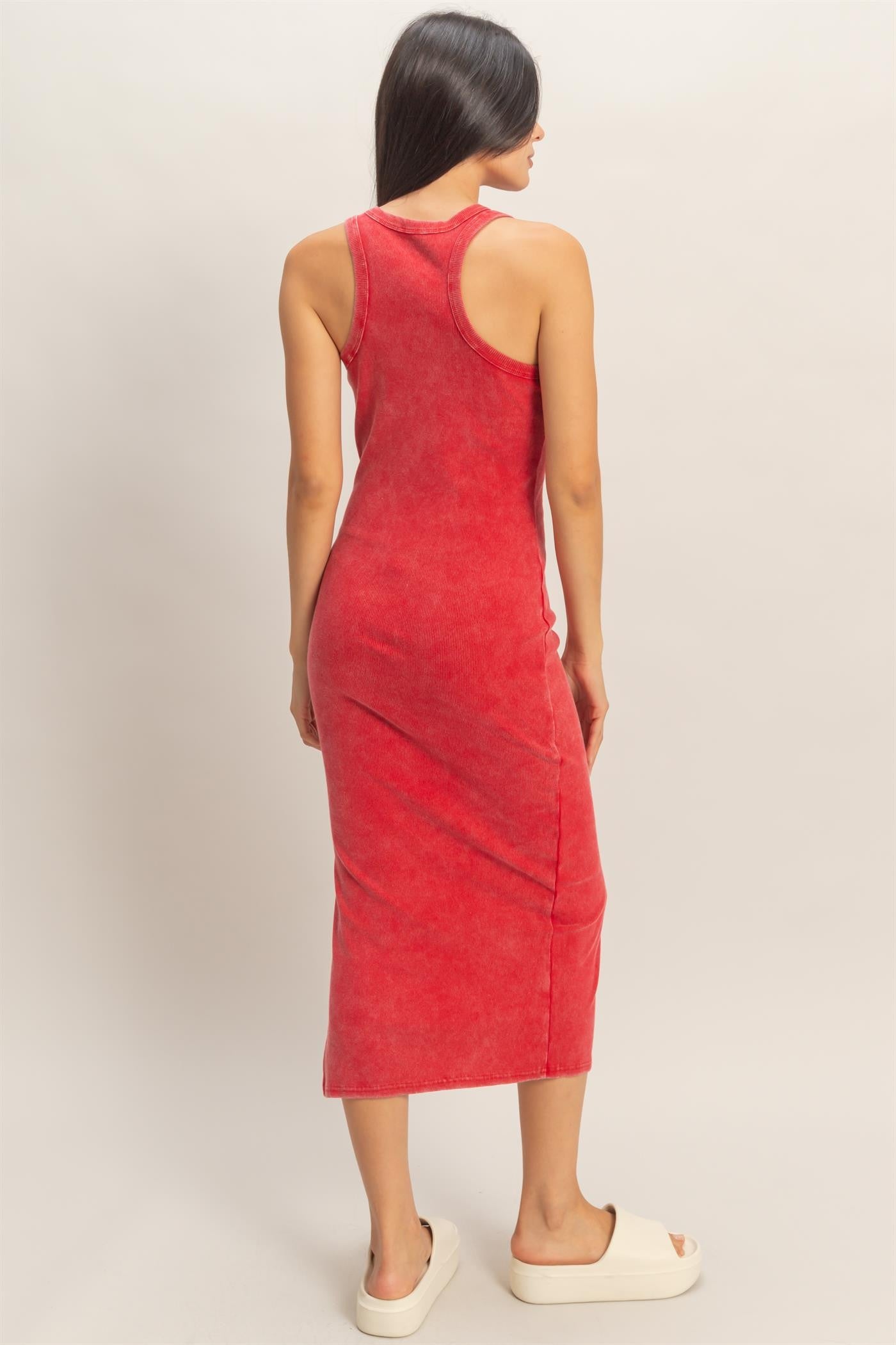 Red Acid Washed Ribbed Midi Tank Dress