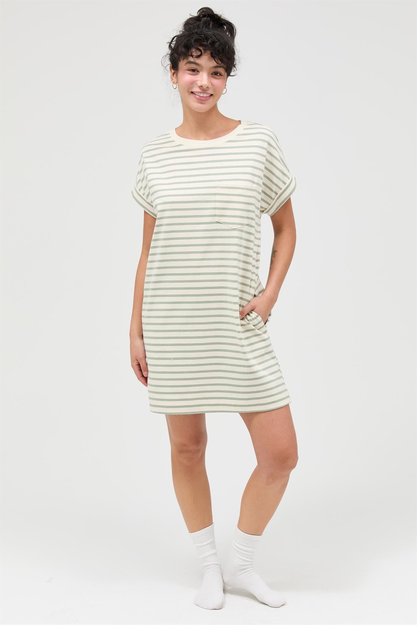 Sage Striped T-Shirt Mini Dress