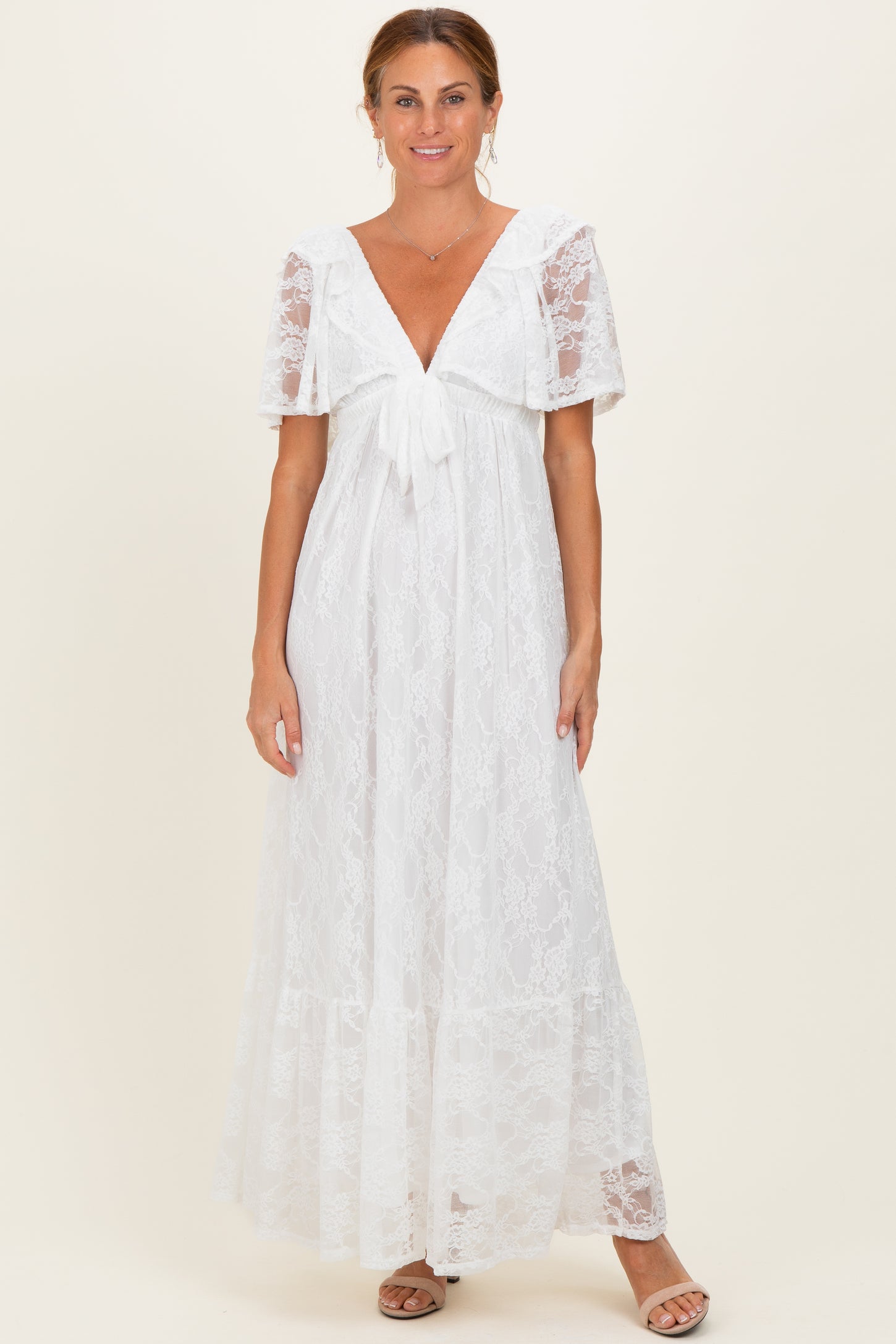 Ivory Lace Flutter Sleeve Tiered Maxi Dress
