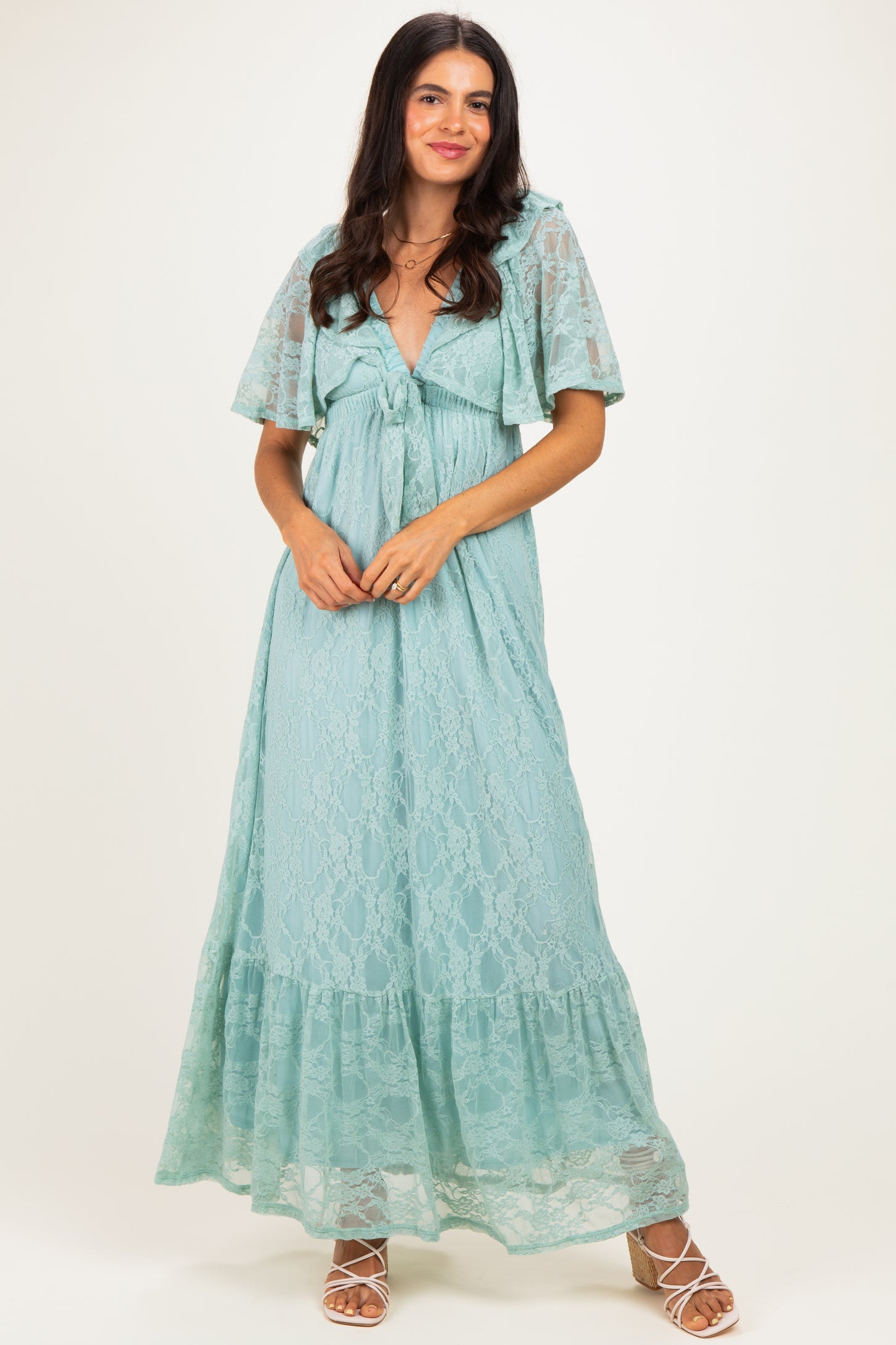 Sage Aqua Lace Flutter Sleeve Tiered Maxi Dress