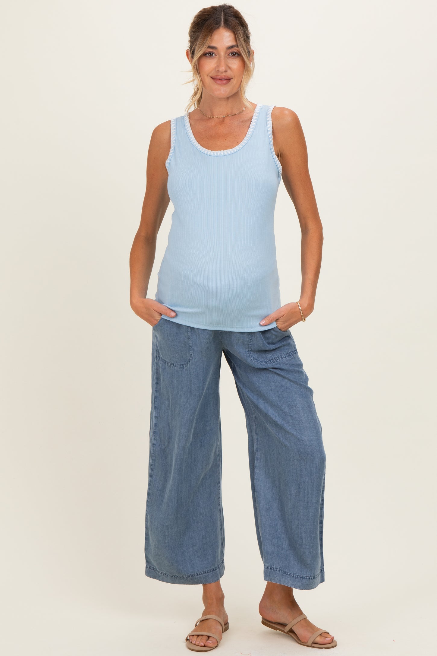 Sky Blue Stitch Detail Maternity Sleeveless Top