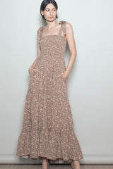 Mocha Floral Shoulder Tie Maternity Maxi Dress