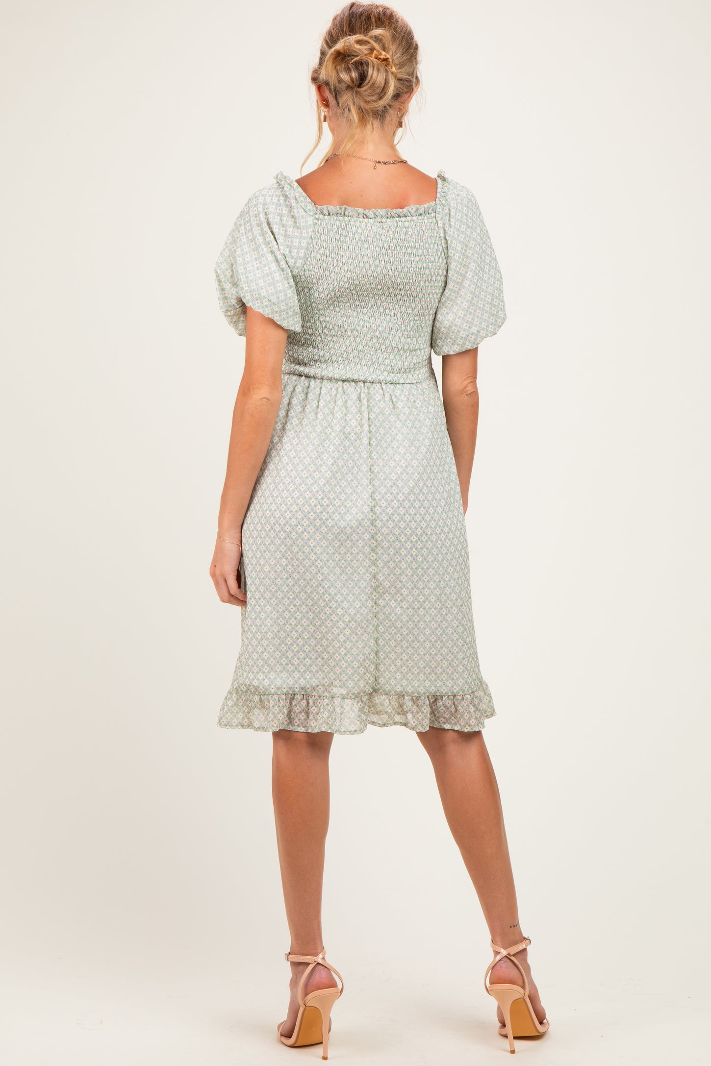 Sage Printed Smocked Ruffle Accent Maternity Dress