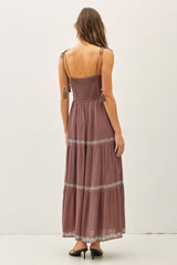 Brown Embroidered Tiered Maxi Dress