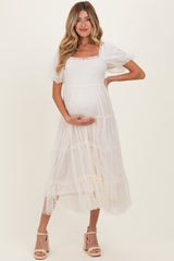 CreamTulle Puff Sleeve Smocked Maternity Midi Dress