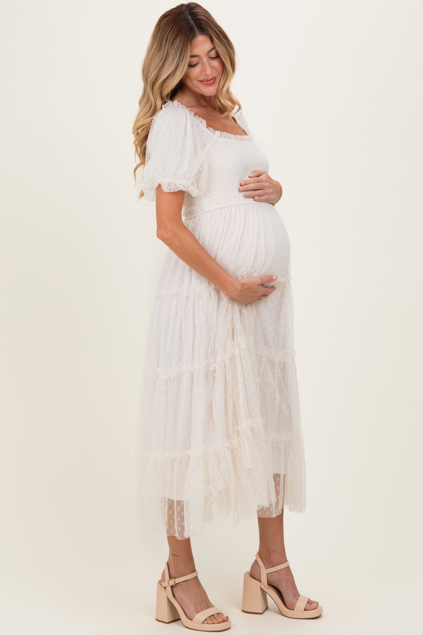 CreamTulle Puff Sleeve Smocked Maternity Midi Dress