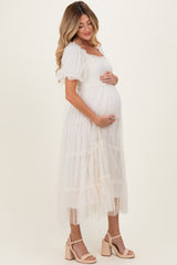 CreamTulle Puff Sleeve Smocked Maternity Midi Dress