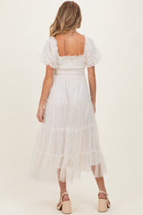 CreamTulle Puff Sleeve Smocked Maternity Midi Dress