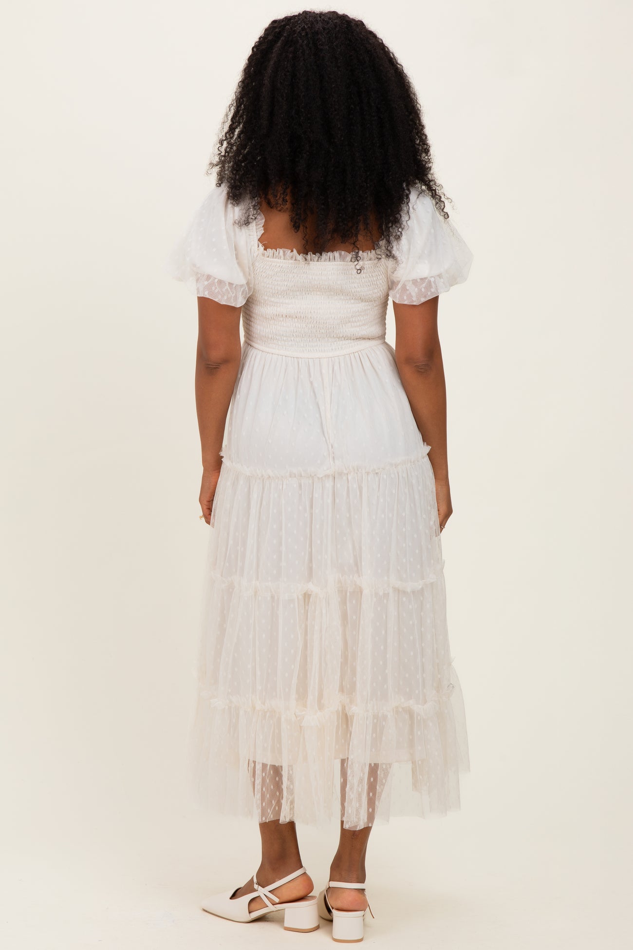 Cream Tulle Tulle Puff Sleeve Smocked Midi Dress