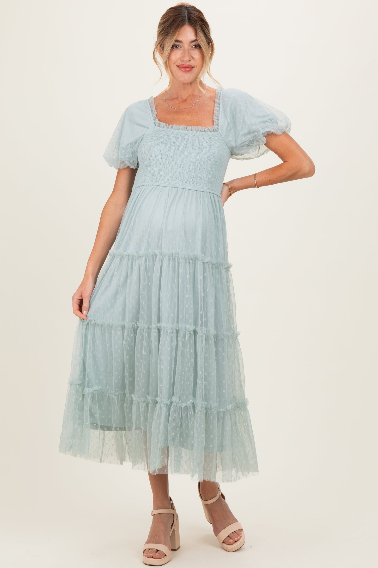 Sage Tulle Puff Sleeve Smocked Maternity Midi Dress