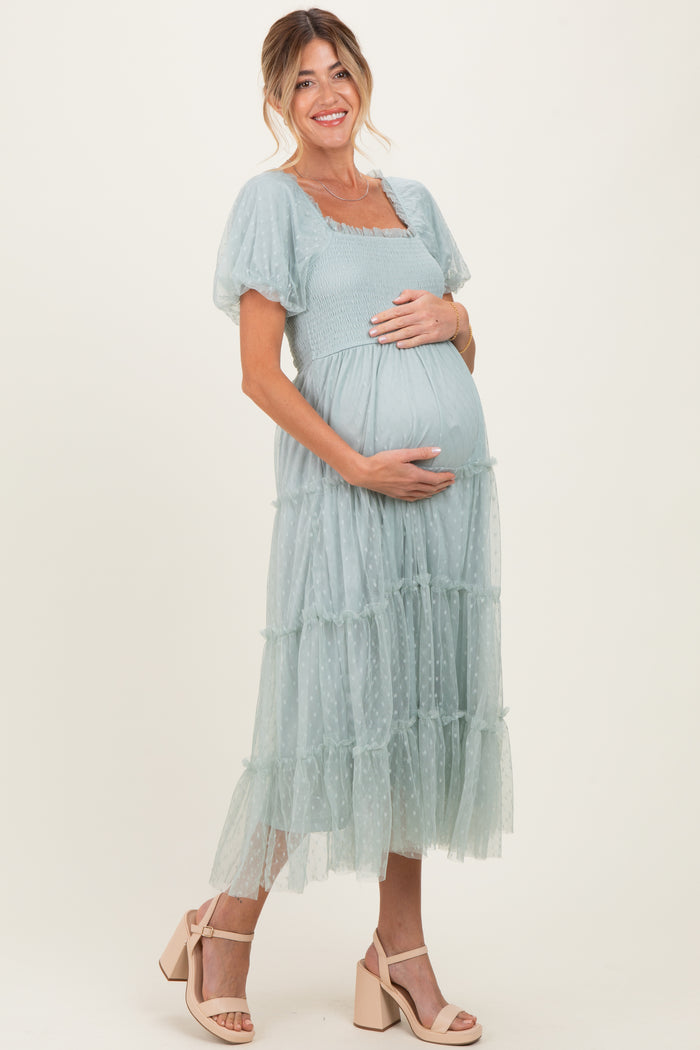 Sage Tulle Puff Sleeve Smocked Maternity Midi Dress