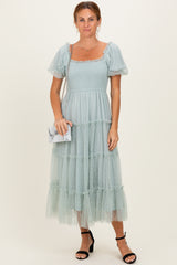 Sage Tulle Puff Sleeve Smocked Maternity Midi Dress
