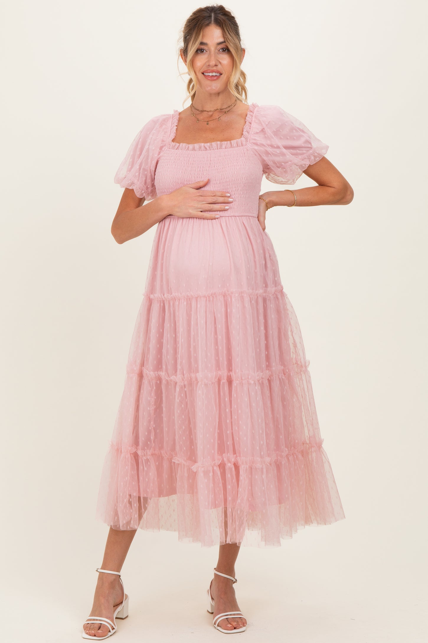 Light Pink Tulle Puff Sleeve Smocked Maternity Midi Dress