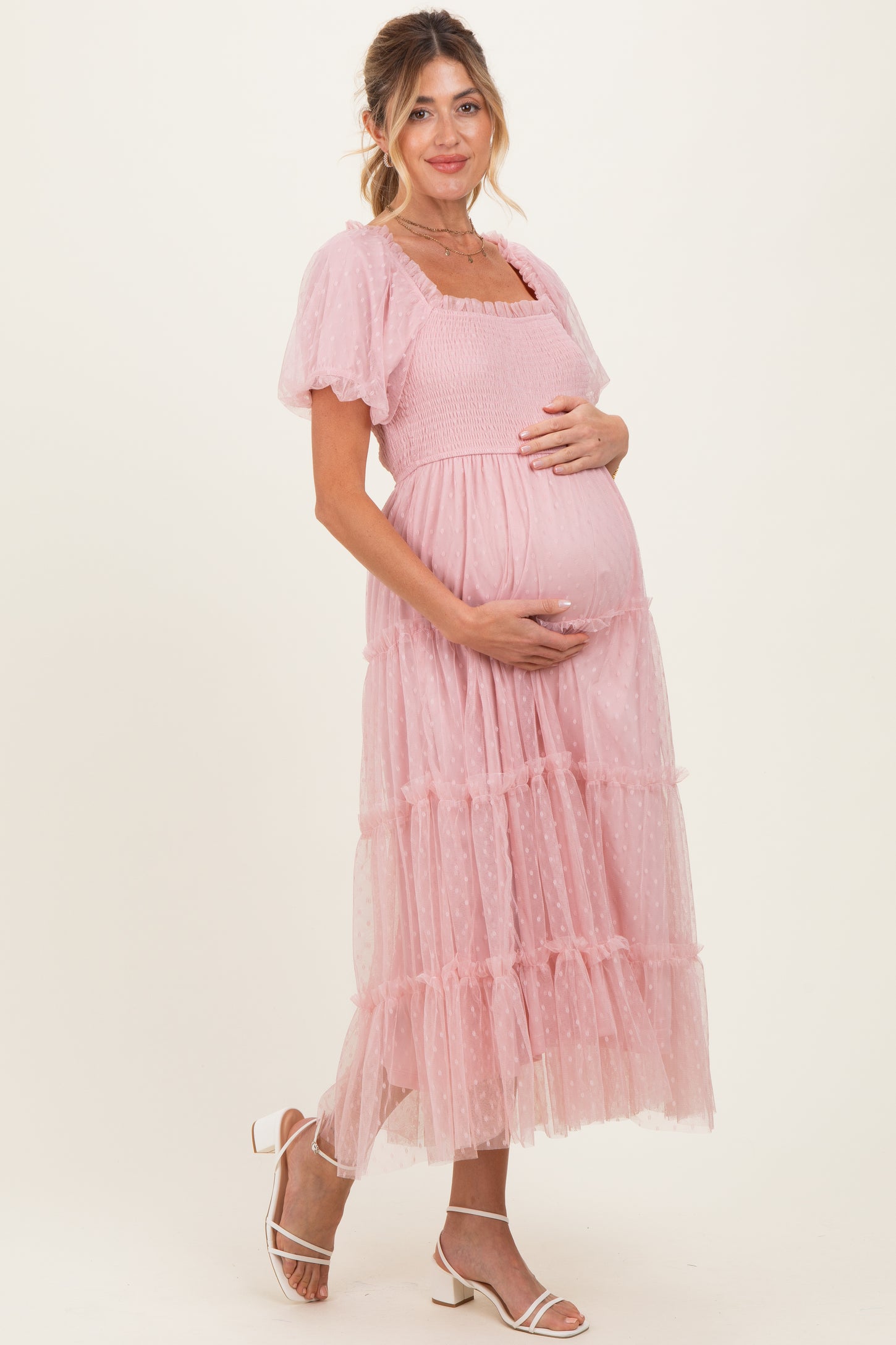 Light Pink Tulle Puff Sleeve Smocked Maternity Midi Dress