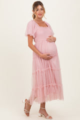 Light Pink Tulle Puff Sleeve Smocked Maternity Midi Dress