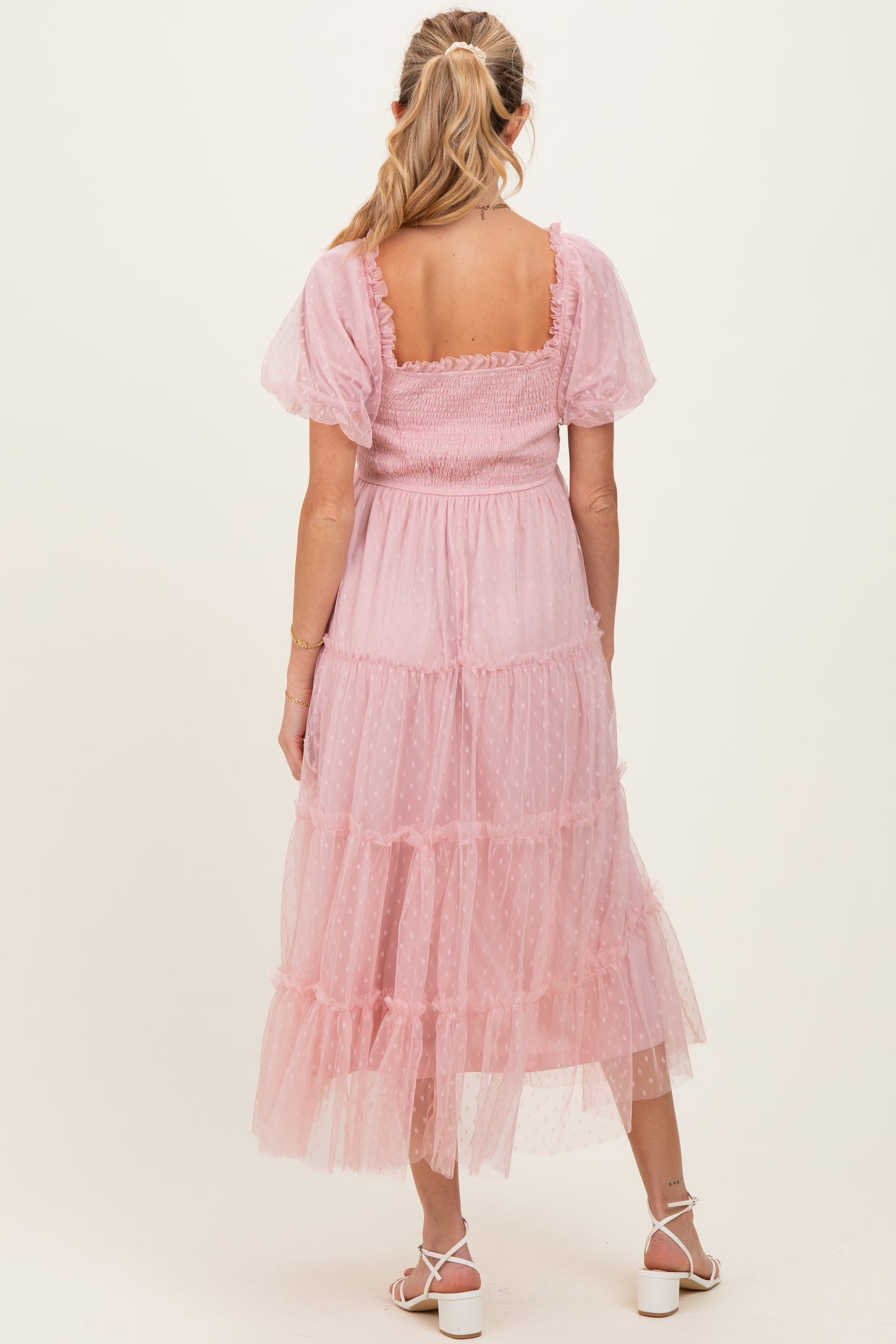Light Pink Tulle Puff Sleeve Smocked Maternity Midi Dress