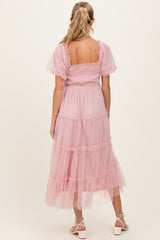 Light Pink Tulle Puff Sleeve Smocked Maternity Midi Dress