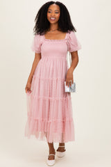 Light Pink Tulle Puff Sleeve Smocked Maternity Midi Dress