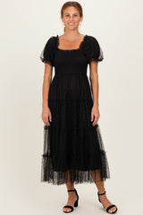 Black Tulle Puff Sleeve Smocked Midi Dress