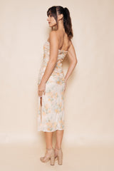 Yellow Floral Mesh Ruched Strapless Midi Dress