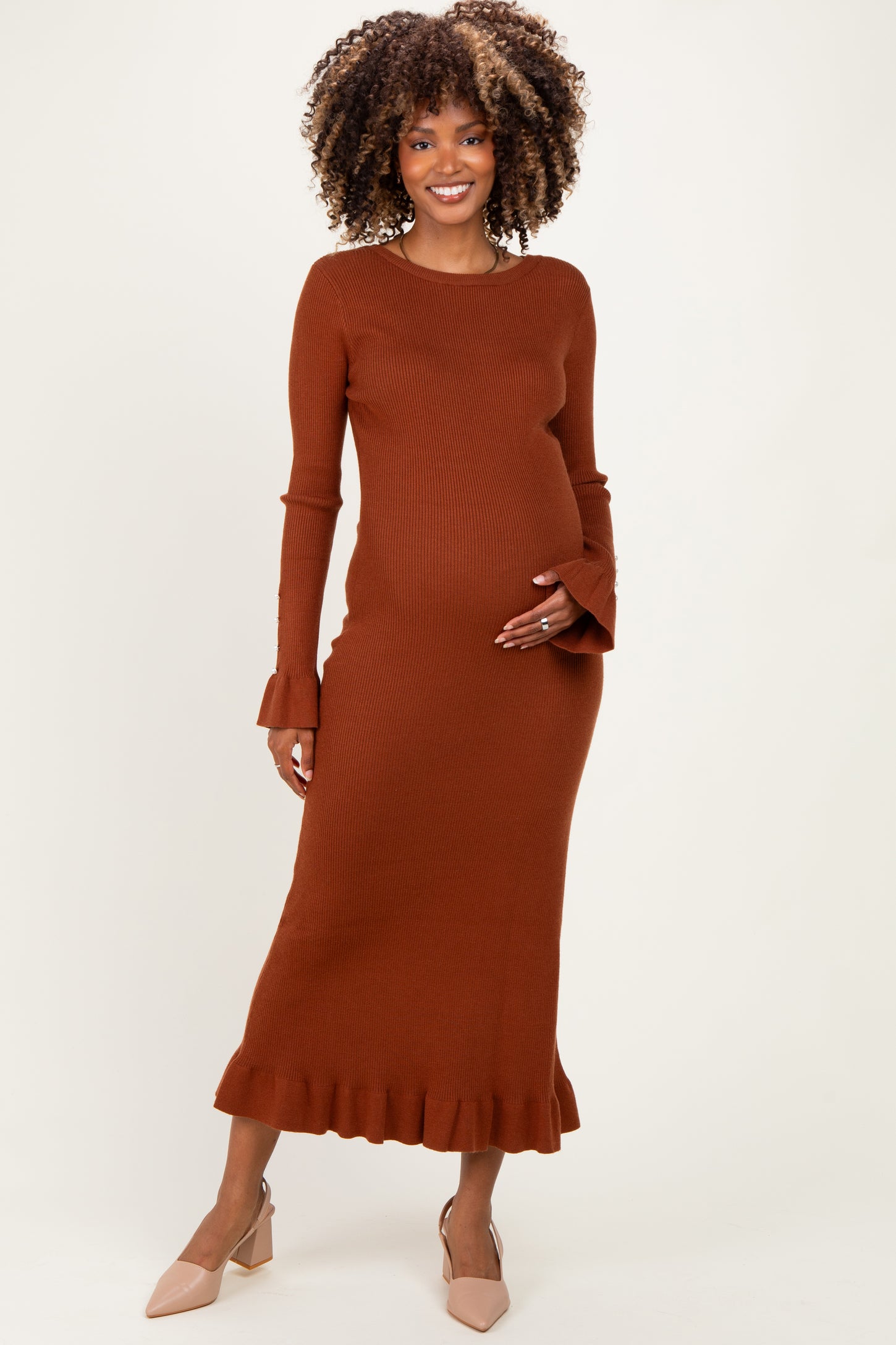 Chestnut Ribbed Knit Bow Back Maternity Maxi Dress