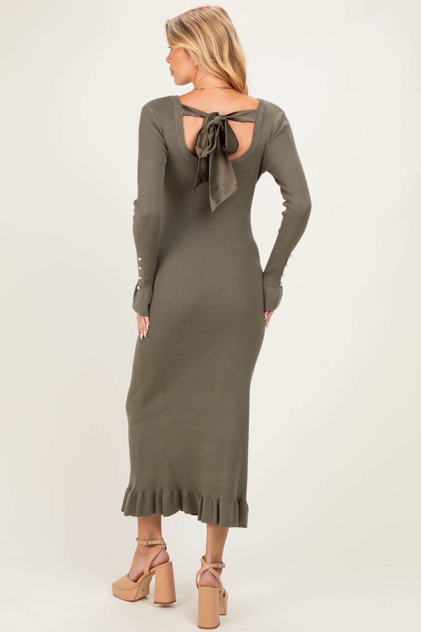 Olive Ribbed Knit Bow Back Maternity Maxi Dress