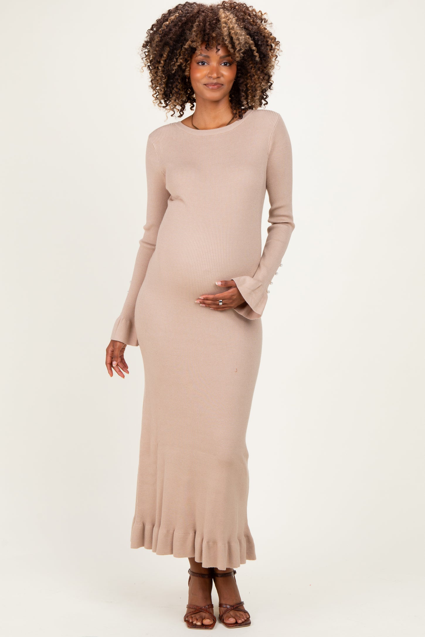 Sand Ribbed Knit Bow Back Maternity Maxi Dress