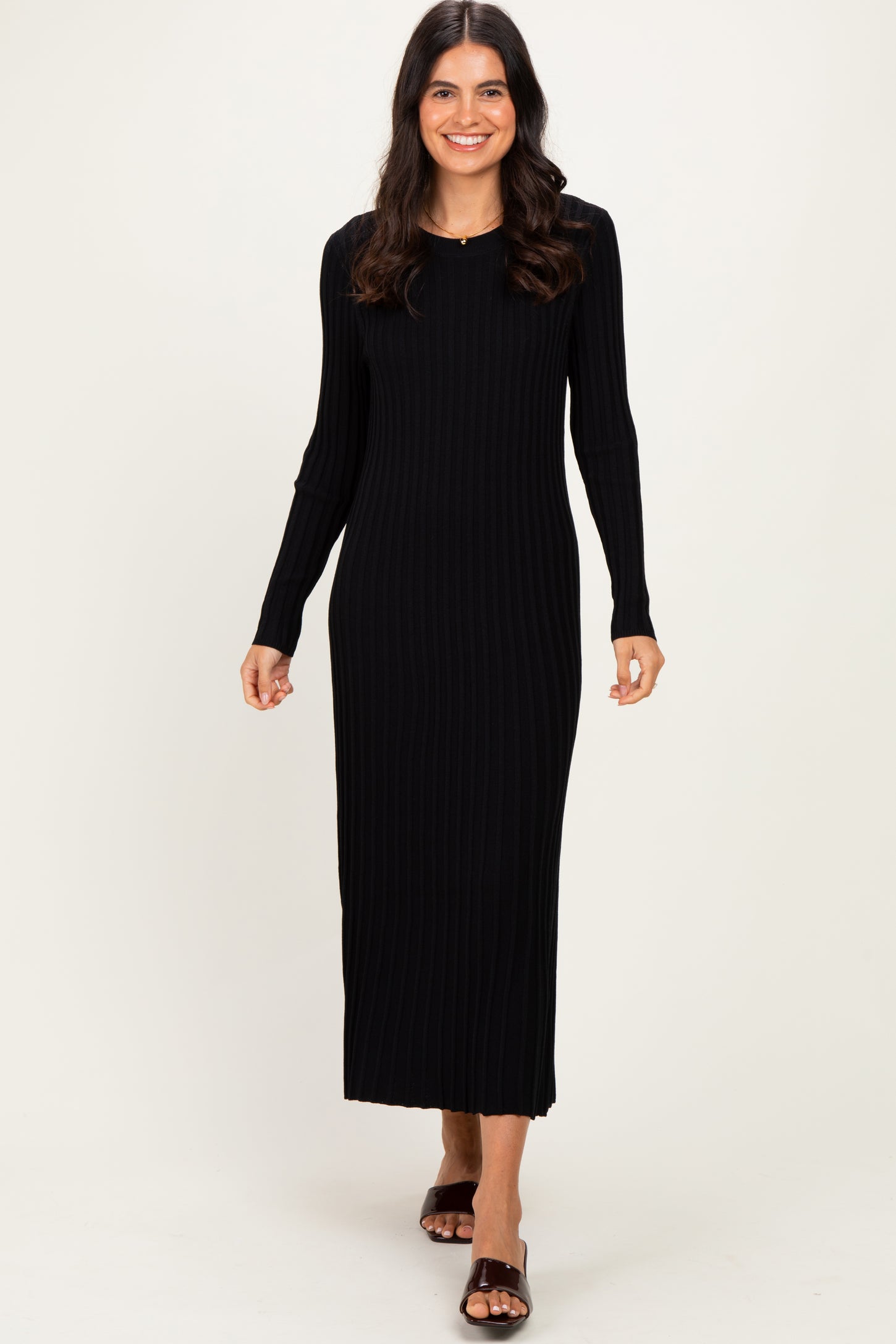 Black Ribbed Long Sleeve Sweater Midi Dress