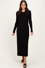 Black Ribbed Long Sleeve Sweater Midi Dress