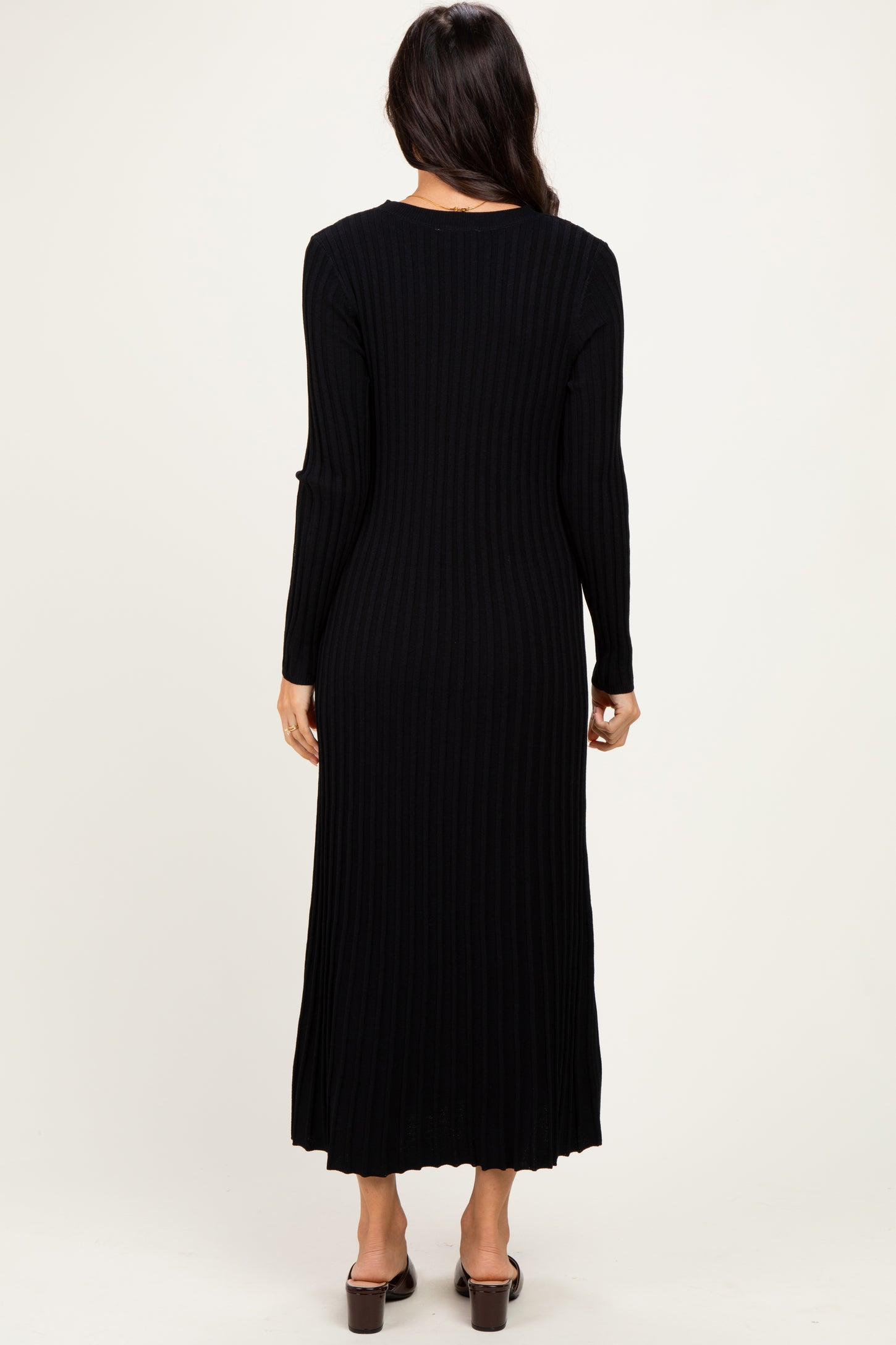 Black Ribbed Long Sleeve Sweater Midi Dress