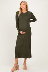 Olive Ribbed Long Sleeve Maternity Sweater Midi Dress