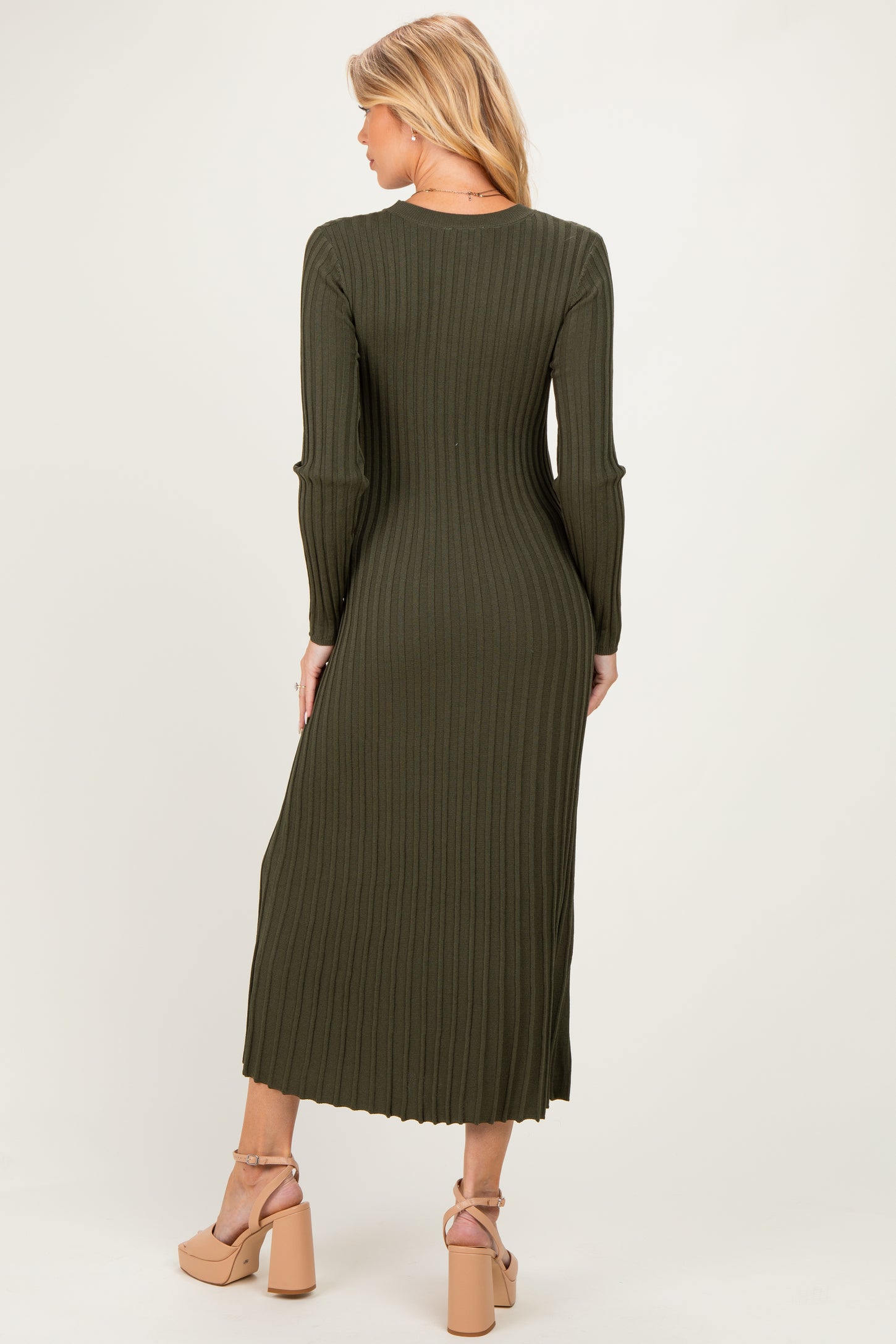 Olive Ribbed Long Sleeve Maternity Sweater Midi Dress