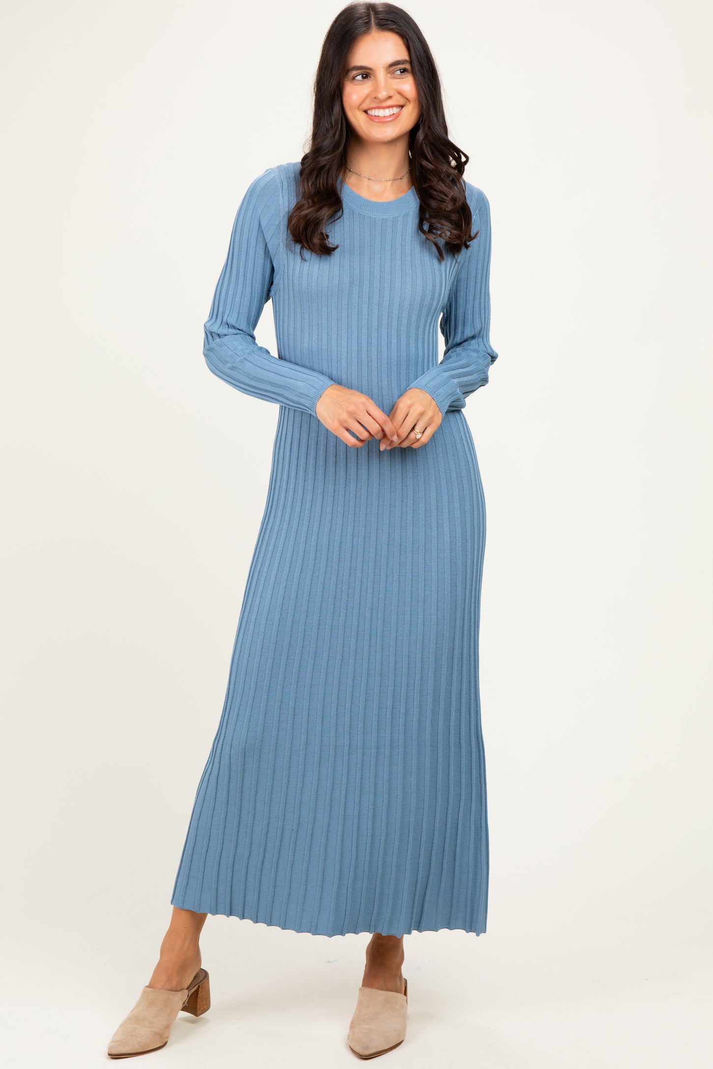 Denim Blue Ribbed Long Sleeve Sweater Midi Dress