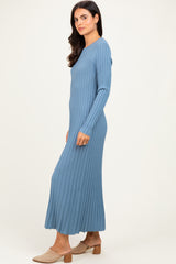 Denim Blue Ribbed Long Sleeve Sweater Midi Dress