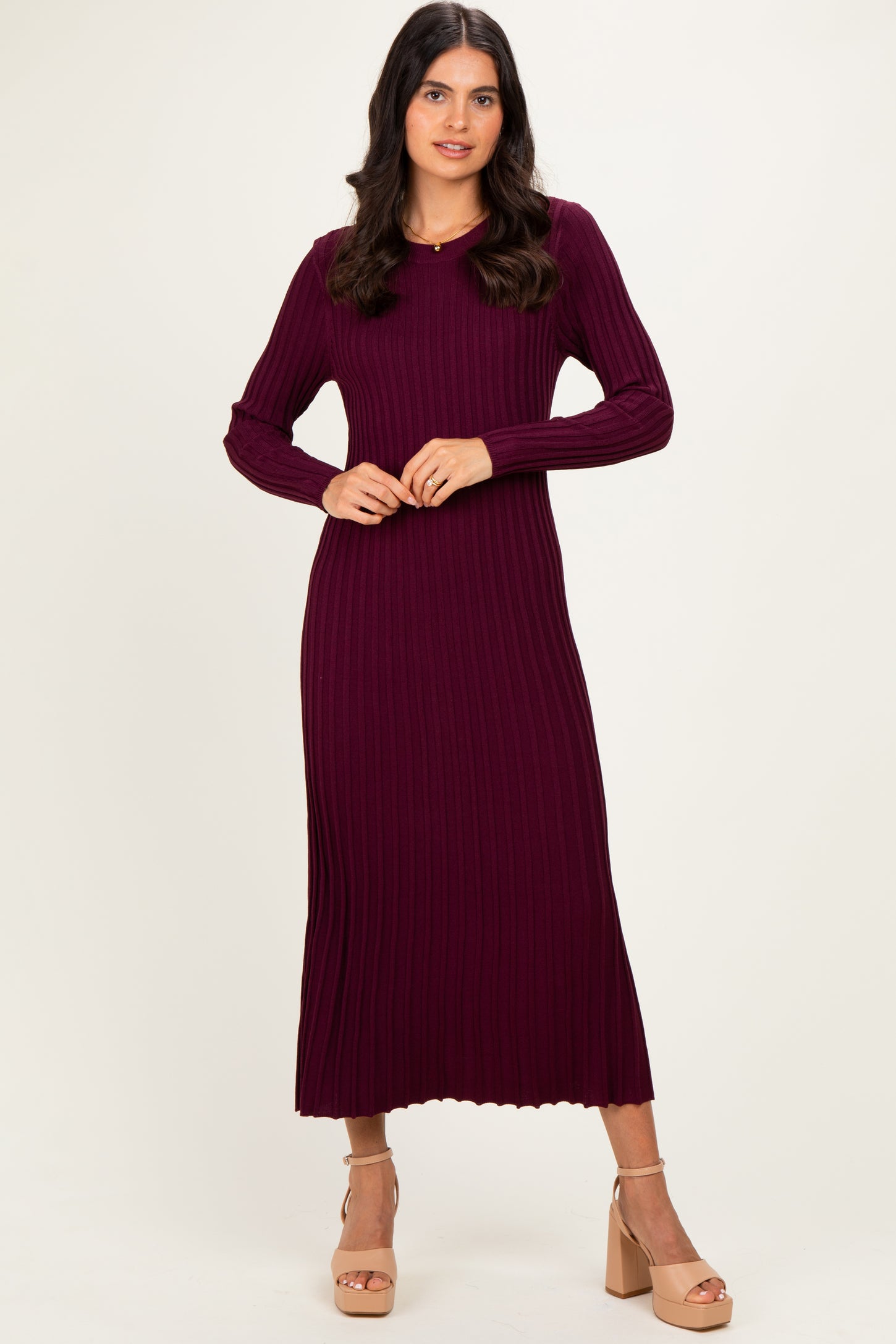 Burgundy Ribbed Long Sleeve Sweater Midi Dress