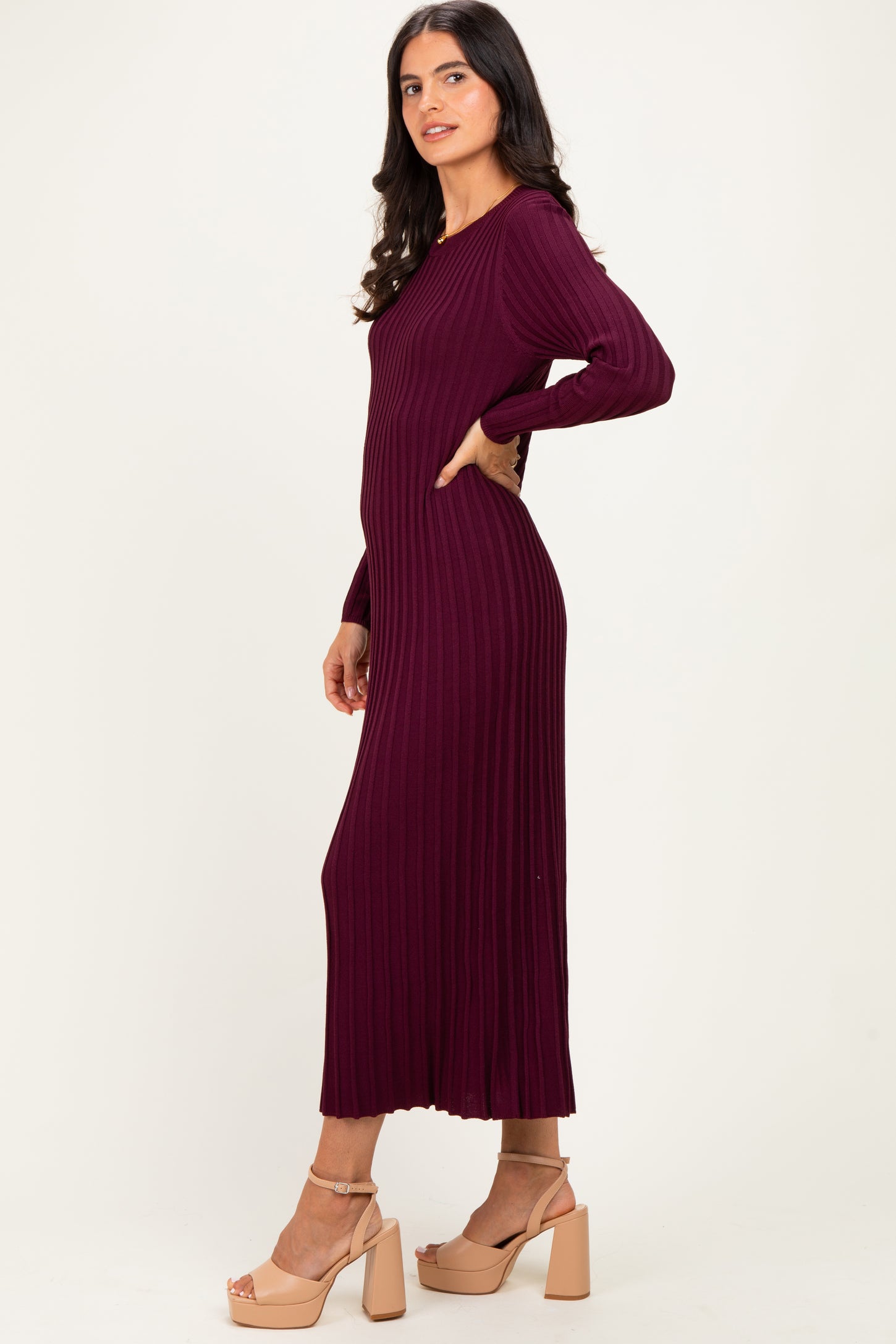 Burgundy Ribbed Long Sleeve Sweater Midi Dress