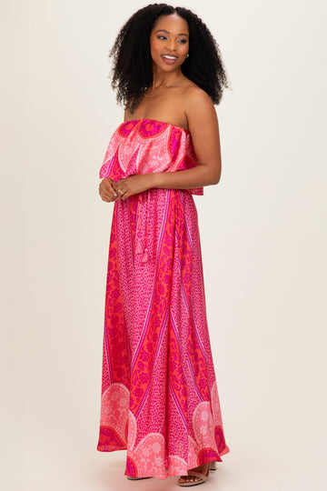 Fuchsia Printed Satin Flounce Strapless Maxi Dress
