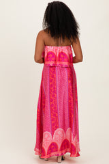 Fuchsia Printed Satin Flounce Strapless Maxi Dress