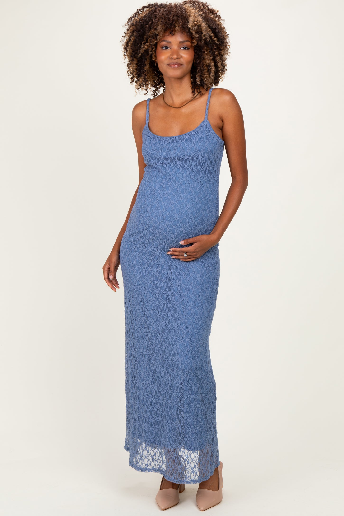 Blue Sleeveless Lace Square Neck Maternity Maxi Dress
